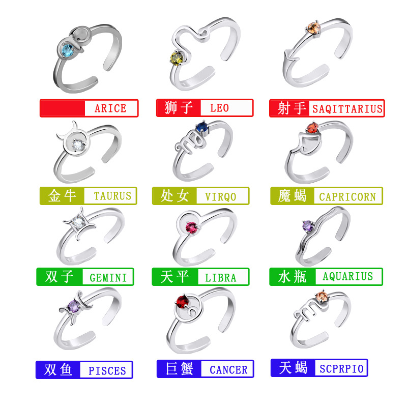 Silver Plated 12 Constellation Crystal Rings For Women Capricom Aquarius Pisces Sign Ring Zodiac Star Open Bague Birthday