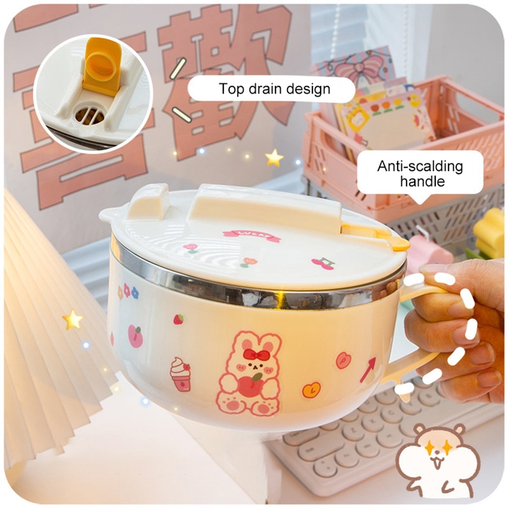 Boîte à déjeuner japonaise Kawaii, bol à nouilles instantanées avec couvercle poignée, boîte à Bento en acier inoxydable 304 1 pièce