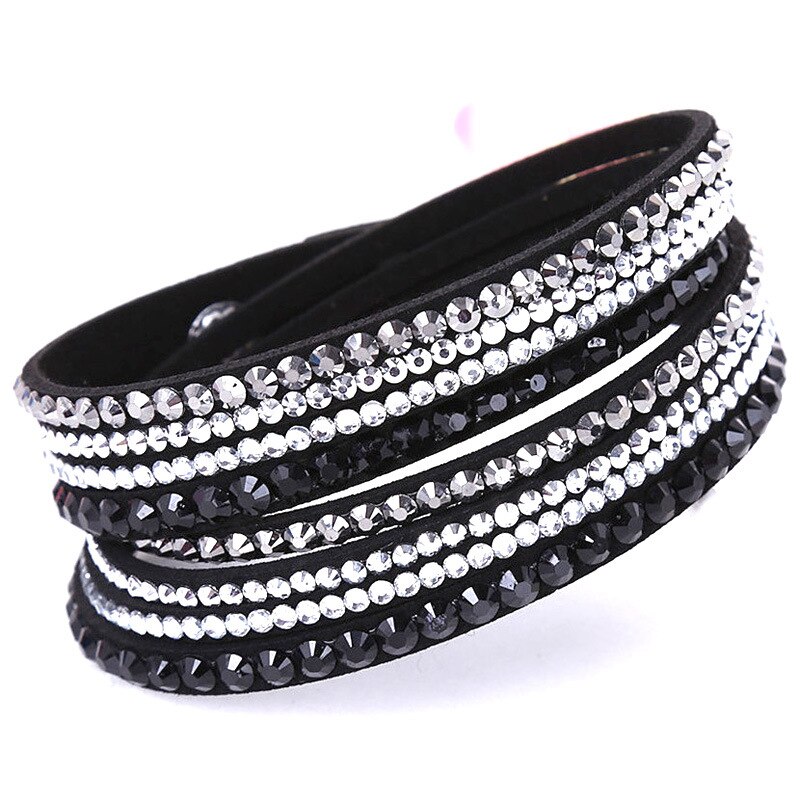 Leren armband met strass-kristal armband, meerlaagse manchet armbanden voor dames sieraden