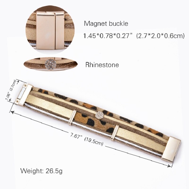 Hiyong Pu Lederen Armband Multilayer Crystal Magneet Gesp Armband Dames Leopard Wrap Armbanden Bohemian Stijl Sieraden