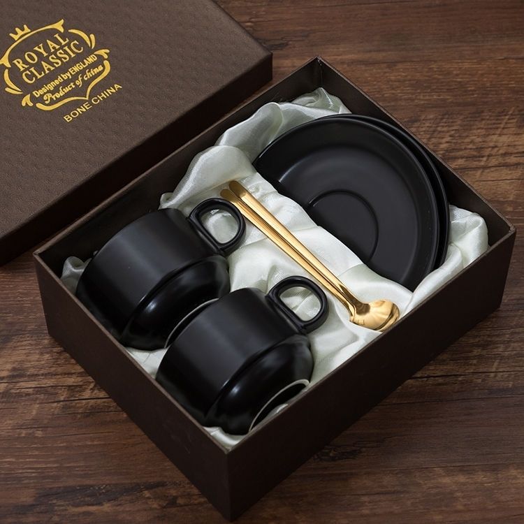 Ensemble de sous-tasses à café en céramique, ensemble de 6 pièces, tasse à thé simple européenne avec cuillère, emballage , tasse à café glaçure colorée, ensemble: pure black