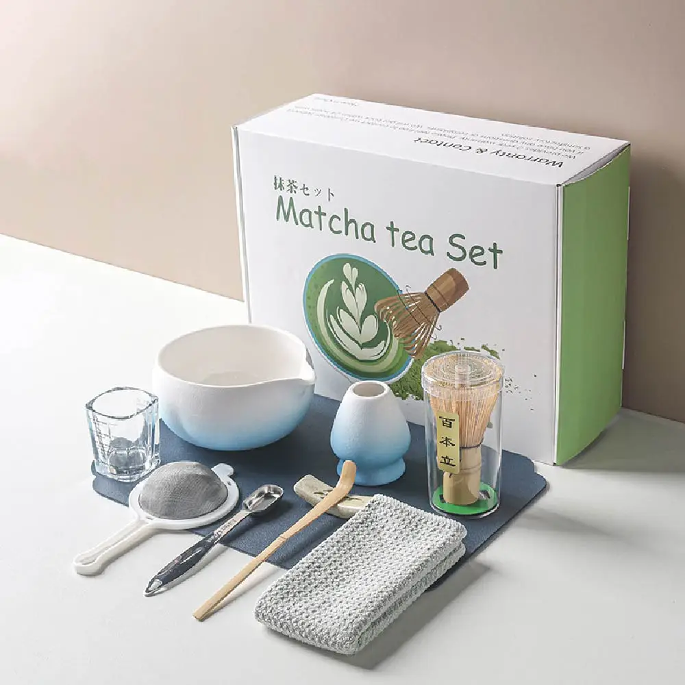 Kit Matcha service à thé, fouet et bol avec bec et cuillère à mesurer, support de fouet en céramique, outils de préparation du thé Matcha japonais: jaune clair