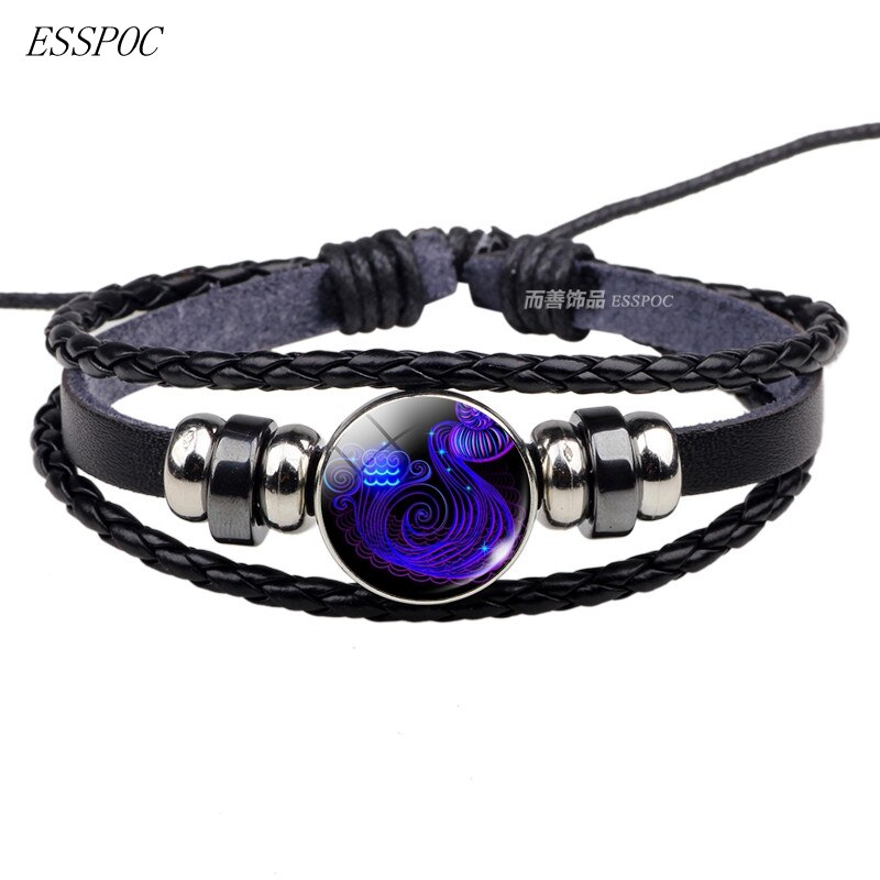 12 stjernebilleder sort reb flettet læder armbånd stjernetegn armbånd cancer leo jomfru libra scorpio til mænd kvinder: Vandmanden