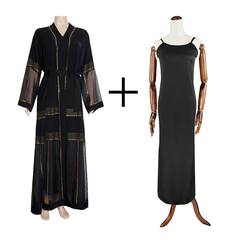 Md sort abaya dubai tyrkiet muslimsk hijab kjole caftan marocain arabe islamisk tøj kimono femme musulmane djellaba  s9017: Med slynge kjole
