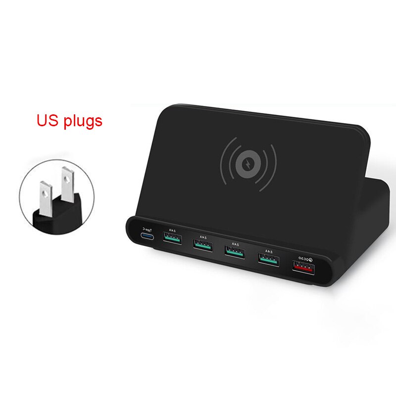 Multi-Port Usb Charger Draadloos Opladen Dock Type C QC3.0 Port Smart Snel Opladen Draagbare Reizen Snelle Charger Us Eu uk Plug: White / ons