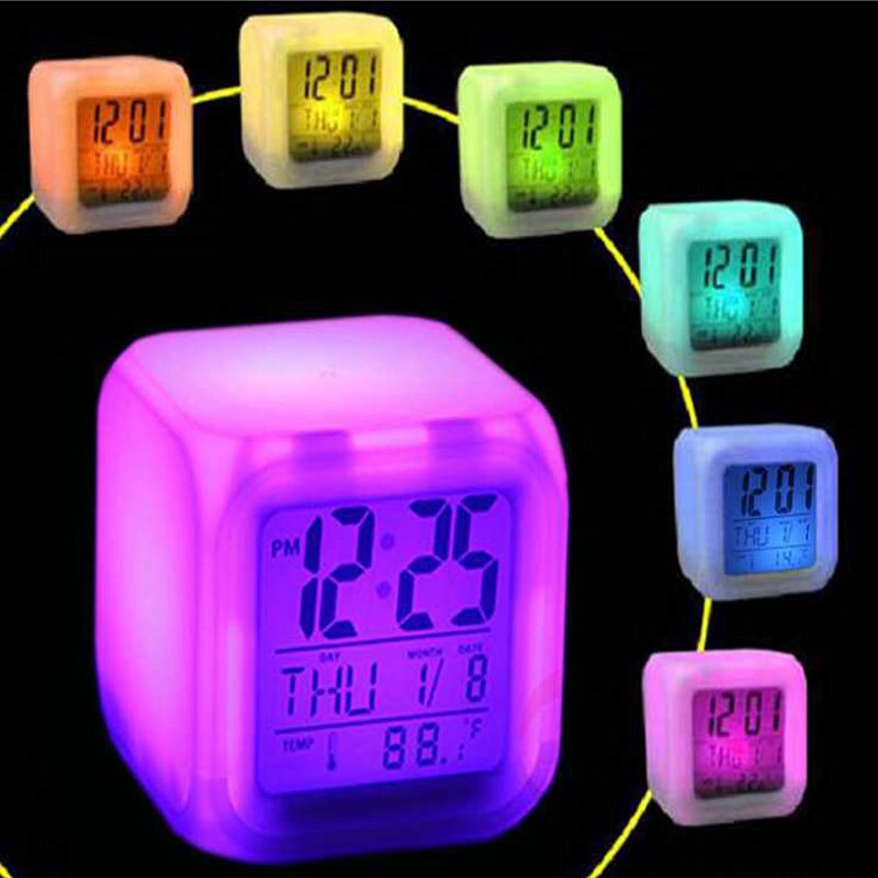 Led alarm colock 7 farver skiftende digital skrivebordsgadget digital alarm termometer natglødende terning led ur hjem