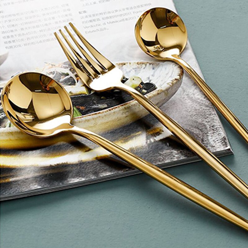 Golden Western Cutlery Mirror 304 Stainless Steel Dinner Steak Knife Fork Spoon Set Fruit Dessert Fork Coffee Spoon Chopsticks