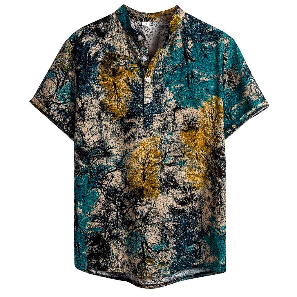 Mens Ethnic Short Sleeve Casual Cotton Linen Printing Hawaiian Shirt Blouse Men Shirts Loose Plus Size Tops: M