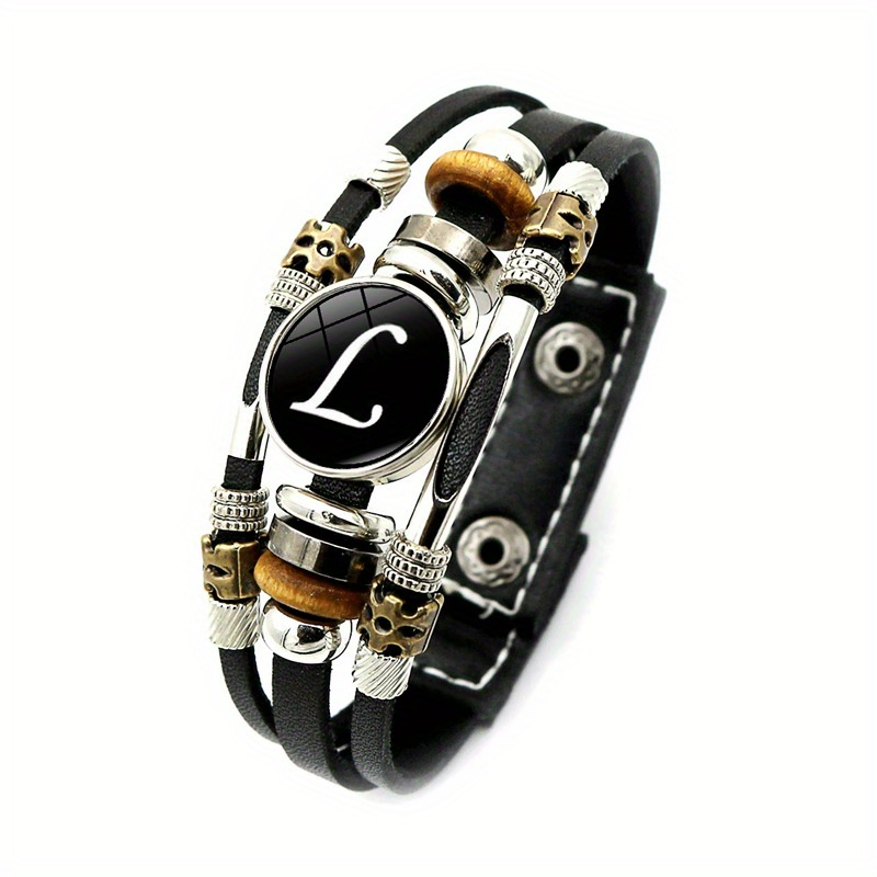 26 Engelse Letters Armbanden, Pu Lederen Armbanden, Retro Punk Stijl Handgemaakte Multi-Layer Kralen Hand Sieraden Paar: Antique Gold Plated