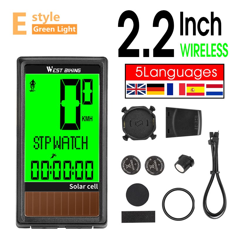 WEST BIKING LED Bicycle Computer Wireless 5 Language Cycling Bike Odometer Stopwatch Speedometer 2.1in Waterproof Bike Computer: E style Wireless