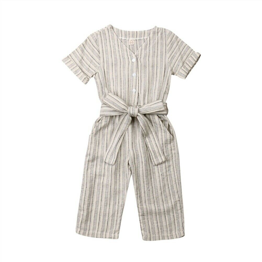 2-7Y Summer Baby Kids Child Girl Stripe Romper Short Sleeve Single Breasted Jumpsuit Clothes Outfit One-Piece