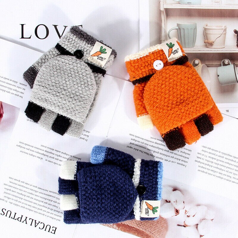 Baby Unisex Warm Gloves Kids Boys Girls Winter gloves Half Finger Flip Cover Knitting Mittens 3-6Years