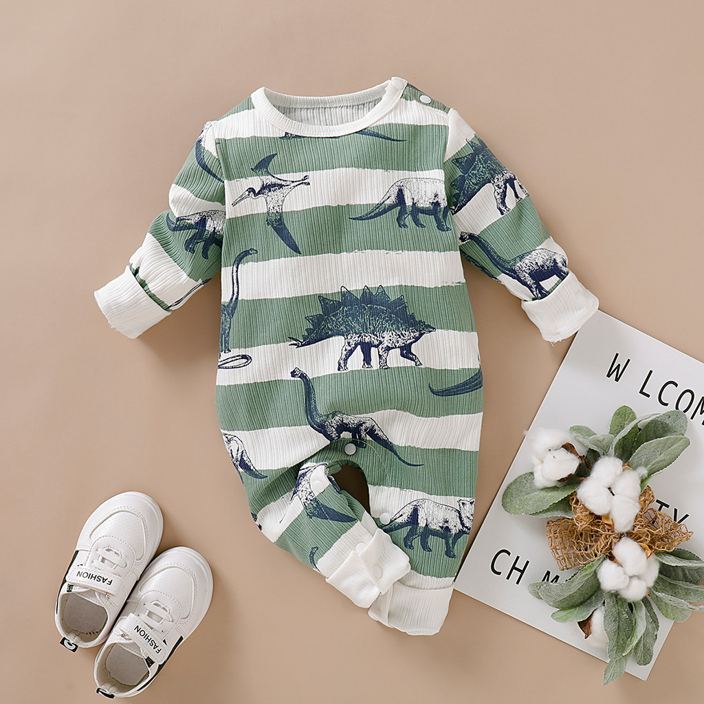 Fall Winter Infant Baby Romper Jumpsuit Boy Girls Long Sleeve Dinosaur Striped Print Romper Jumpsuit Clothes A1: Green / 12M