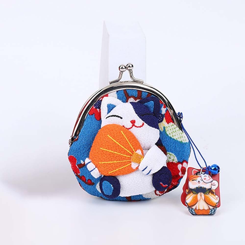 Retro Japanese Style Maneki Neko Coin Purse Doll Flower Printing Lucky Cat Clutch Bag Storage Bag Wallets Card Holder Women: Blue