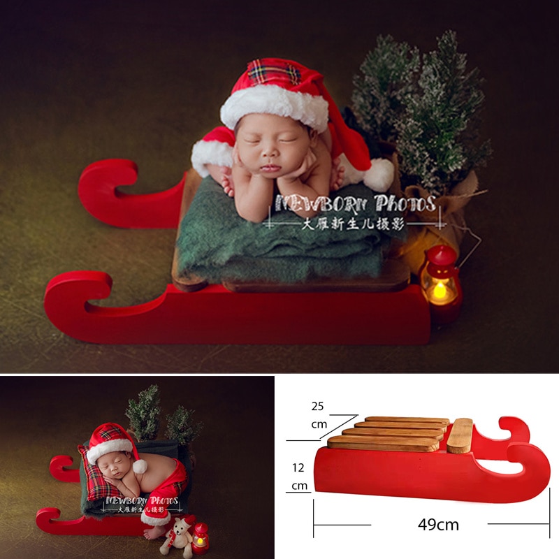 Jul baby rekvisita trä röd släde nyfödd jul outfit byxor hatt kudde uppsättning rekvisita för fotografi tillbehör pojke flicka
