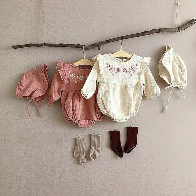 Newborn Baby Girl Boys Bodysuits Cotton&Linen Clothes Ruffle Sleeve Floral Print Jumpsuit Hat 2PCS Outfit