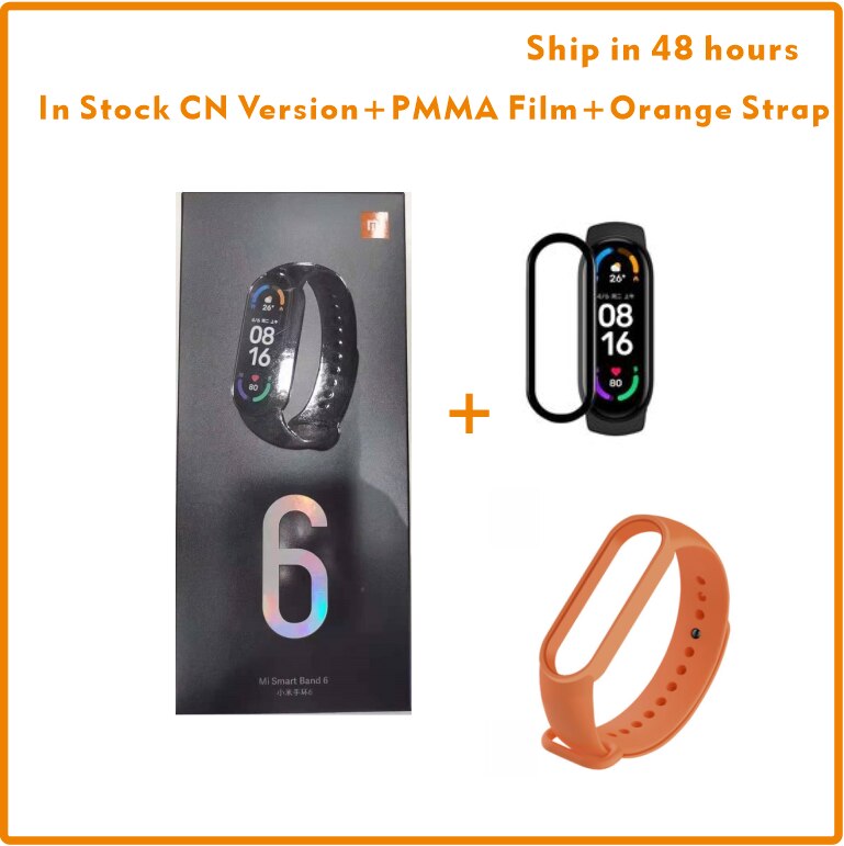 Xiaomi-pulsera inteligente Mi Band 6, reloj con Monitor de ritmo cardíaco, oxígeno en sangre, AMOLED, 1,56 Original, disponible: Add Orange Strap