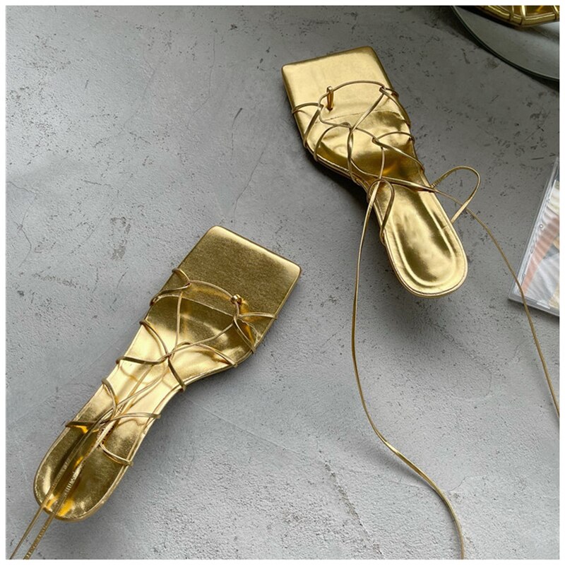 SUOJIALUN Women Sandals Thin Low Heel Lace Up Rome Sandal Summer Gladiator Casual Sandal Narrow Band Shoes Big Size 40: Gold / 35