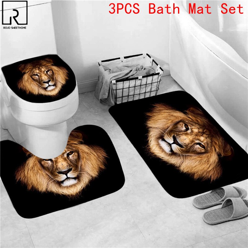 Animal Print Black Shower Curtains Lion Tiger 3D Bathroom Curtain Set Anti-slip Bath Mat Soft Toilet Lid Cover Home Rugs Carpets: 3PC Mat Set-D