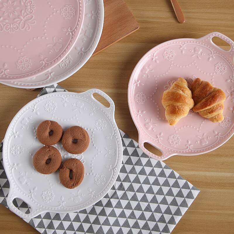 2pcs set, white embossed porcelain buffet dishes serving tray, food tray, ceramic toast cake plates, bbq dish with handle party