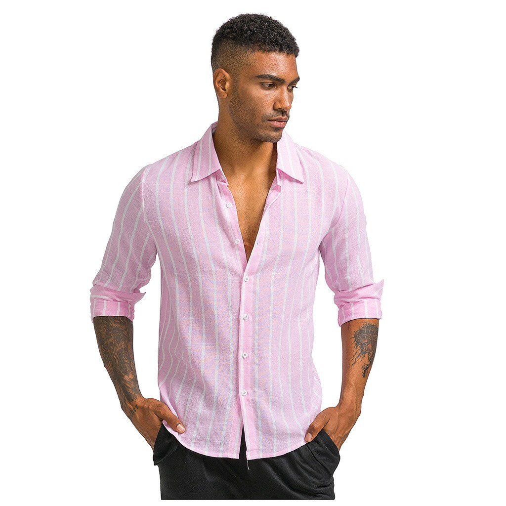 Mens Casual Printed Striped Button Slim Fit Men's Casual Long Sleeve Shirt Blouse Tops camisa masculina camisas hombre #ES: Pink / L