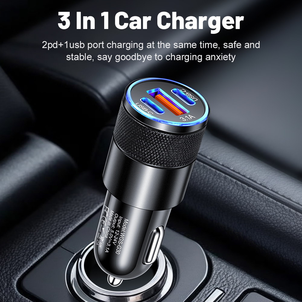 Cargador de coche 3.1A 1USB + 2 tipo C, adaptador de teléfono de carga rápida para Xiaomi, Huawei, cargador de teléfono, adaptador de coche, enchufe, encendedor de cigarrillos