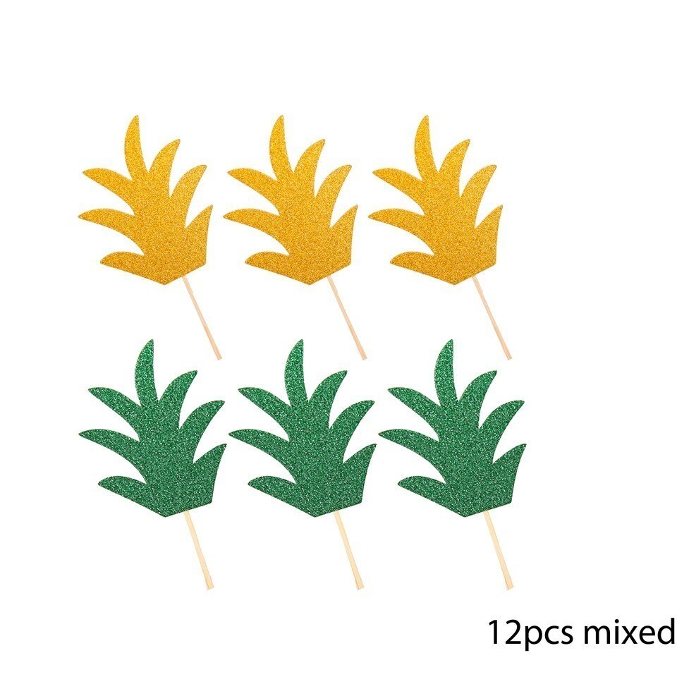 Toppers de Cupcake en forme de palmier, 1 ensemble, flamand rose, ananas, Aloha, décorations pour fête de piscine d'été, mariage, anniversaire, réception pour bébé: 12pcs Mix grass