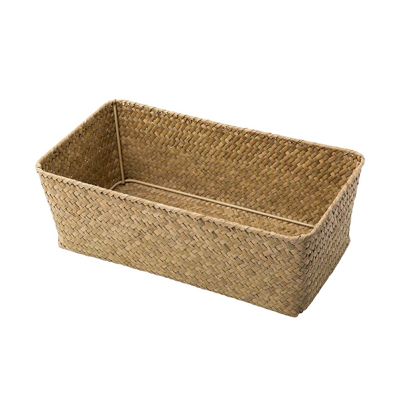 Rectangular Rattan Storage Basket Straw Fruit Dried Flowers Storage Boxes Handmade Seagrass Picnic Basket Makeup Organizer: Nature Color / L-30x16x10cm