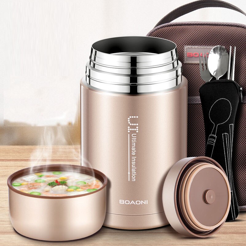 BOAONI 800ml Food Thermal Jar Vacuum Insulated Soup Thermos Containers 18/8 Stainless Steel Lunch Box with Portable Bag: 1000ml / gold