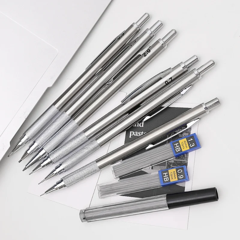 Metal Mechanical Pencil 0.3/0.5/0.7/0.9/1.3/2.0mm HB Leads Replaceable Refills Art Writing Drafting Drawing Home School Supplies