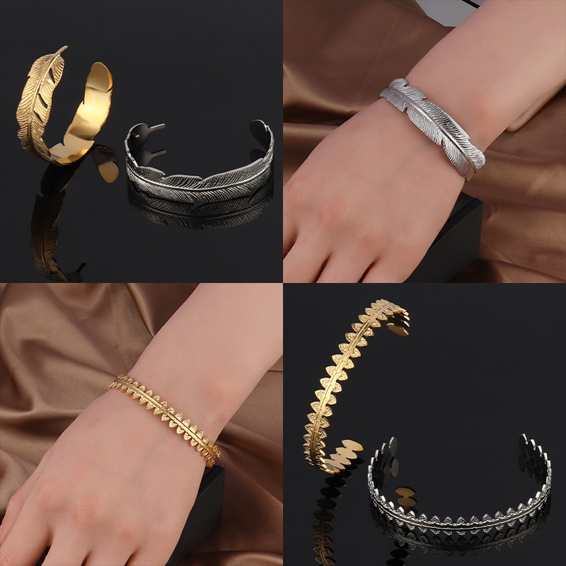 Punk Vintage Armband Öffnung Armbänder Für Frauen Edelstahl Armreif Armband Manschette Armband Blatt Charme Armband Schmuck