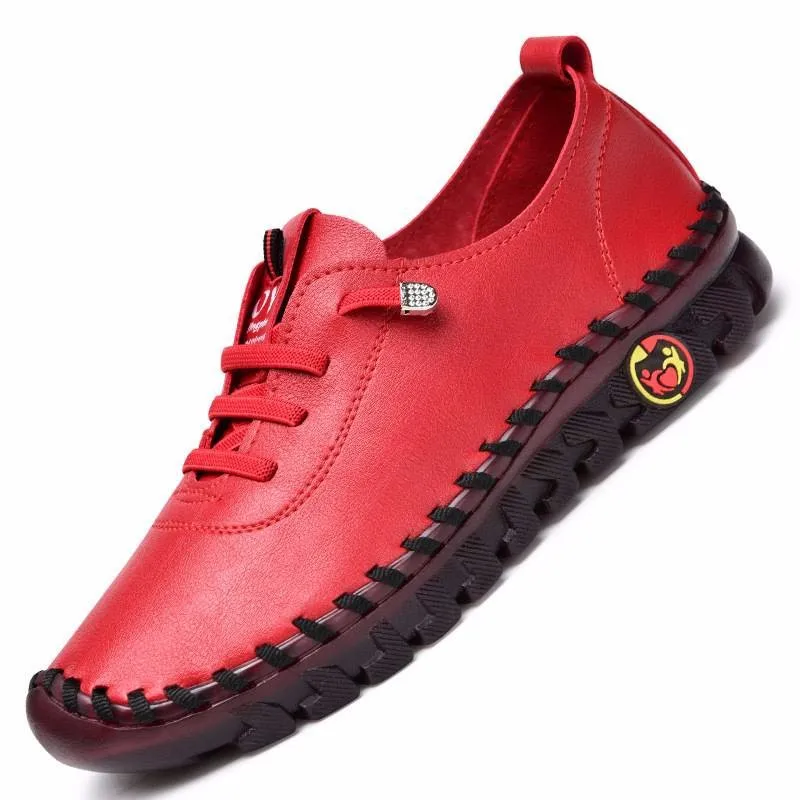 Zapatillas De deporte para Mujer, mocasines De cuero, zapatos cómodos sin cordones, hilo De coser a mano, zapatos para mamá, Zapatillas De Mujer: Rojo / 35