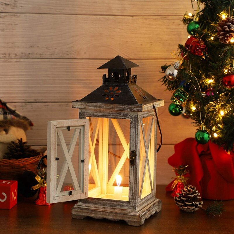 Paquete de 2 portavelas de farol decorativo, estilo rústico de madera para decoración colgante de pared de manto superior de mesa, uso en interiores y exteriores