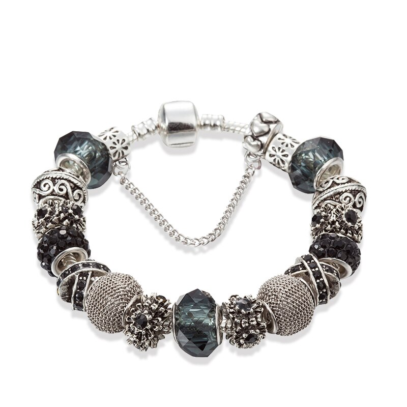 ANNAPAER Silver Color Beads of Flower Charm Bracelet & Bangles with Black Glass Beads Bracelet for Women Jewelry B17003