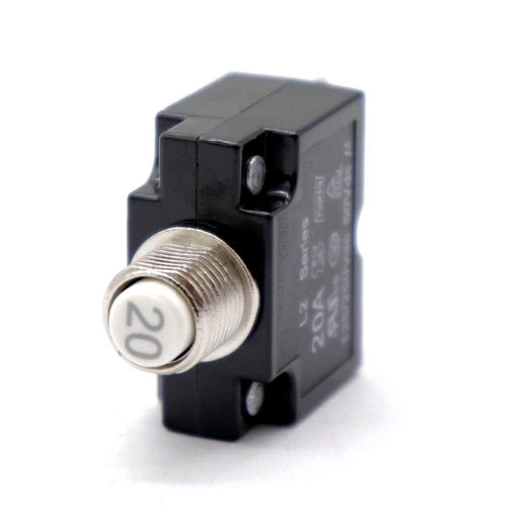 20 Amp Push Button Circuit Breaker 50V DC or 250V AC, Mounts in 3/8 inch (10 mm) Round Hole, Transparent Button Cap