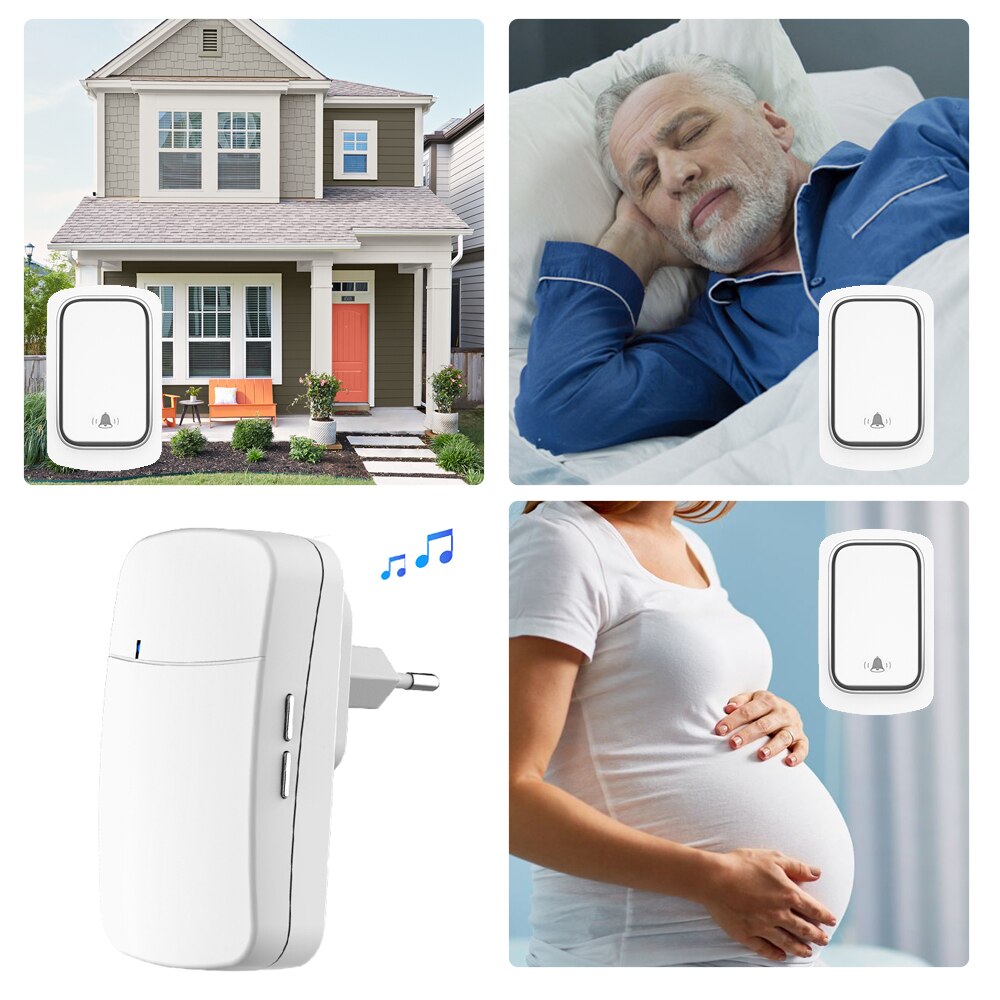 Waterproof Wireless Doorbell Outdoor Remote Doorbell No Battery Kinetic Ring Bell 220V,38 Melody,EU PLUG for Home,Apartment Door