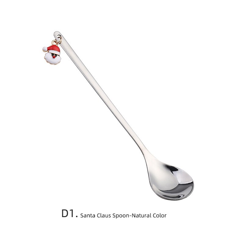 Christmas Spoon Vacuum Plating Stainless Steel Coffee Spoon Long Handle Tea Spoons Kitchen Drinking Flatware: D1