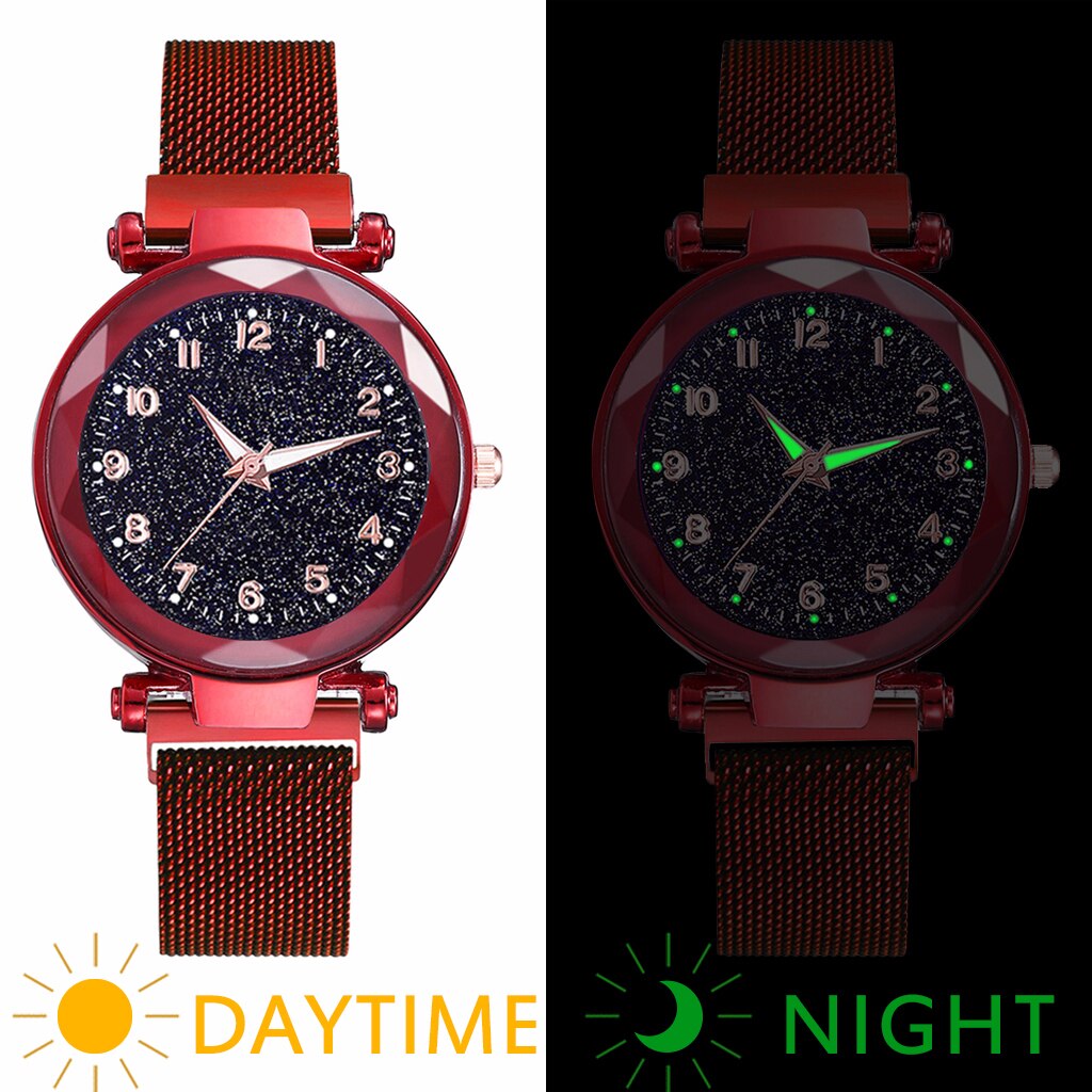 Vrouwen Magneet Gesp Sterrenhemel Lichtgevende Horloge Luxe Dames Rvs Quartz Horloge Relogio Feminino: red