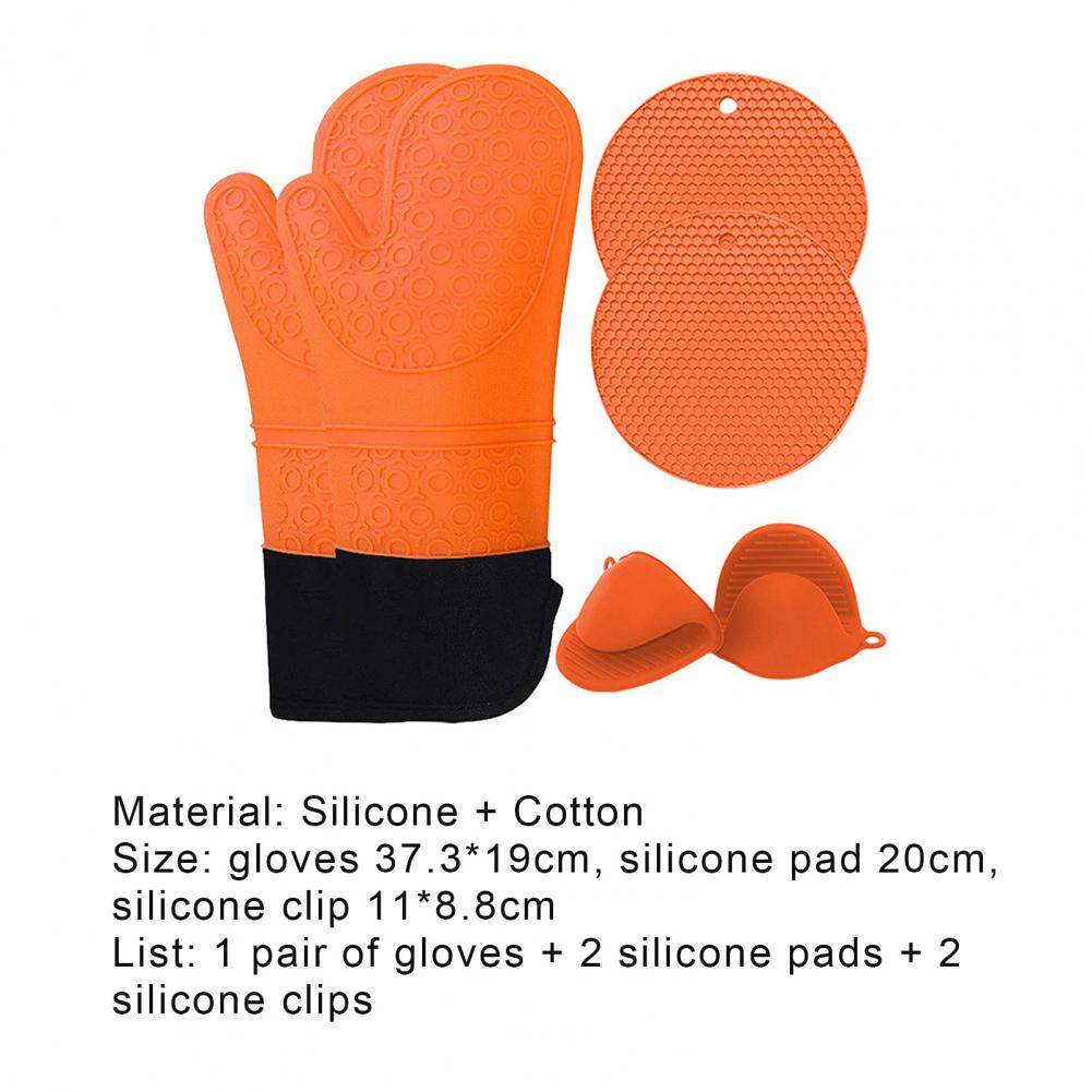 5Pcs/Set Oven Mitts Flexible Heat Insulation Silicone Extra Long Mittens Gloves Pot Holders Placemat for Kitchen