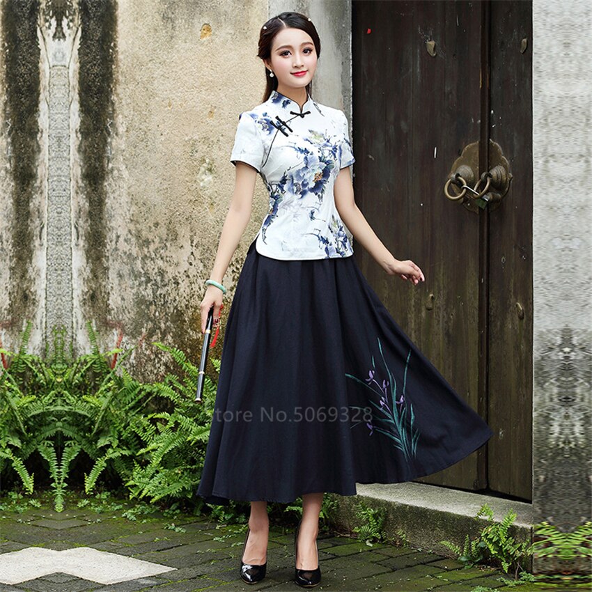 Traditionnelle chinoise Cheongsam T-Shirts Pour femmes Grande Taille 4XL Qipao Chemisier À Imprimé Floral De Style Asiatique Antique Costumes Élégants
