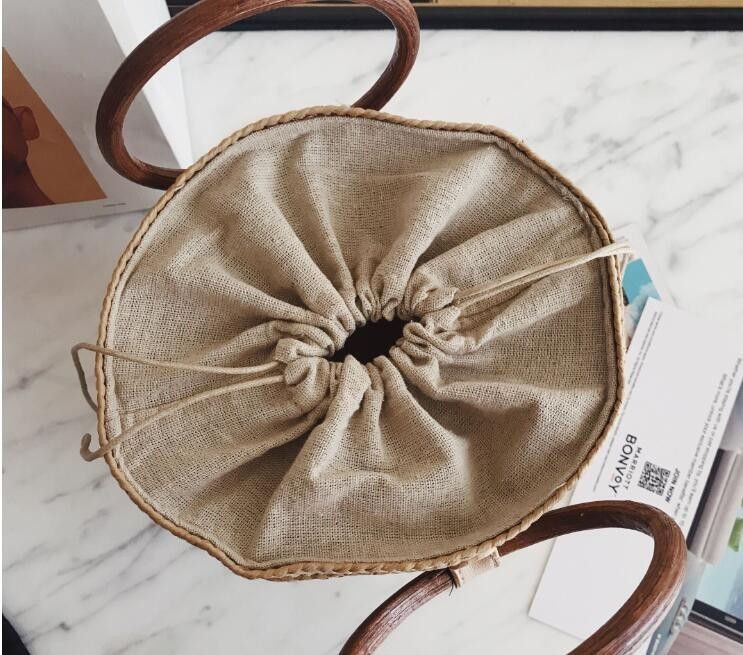 Summer Beach Straw Bag Drawstring Tote Handbags With Wood Handle Korean Summer Straw Bag