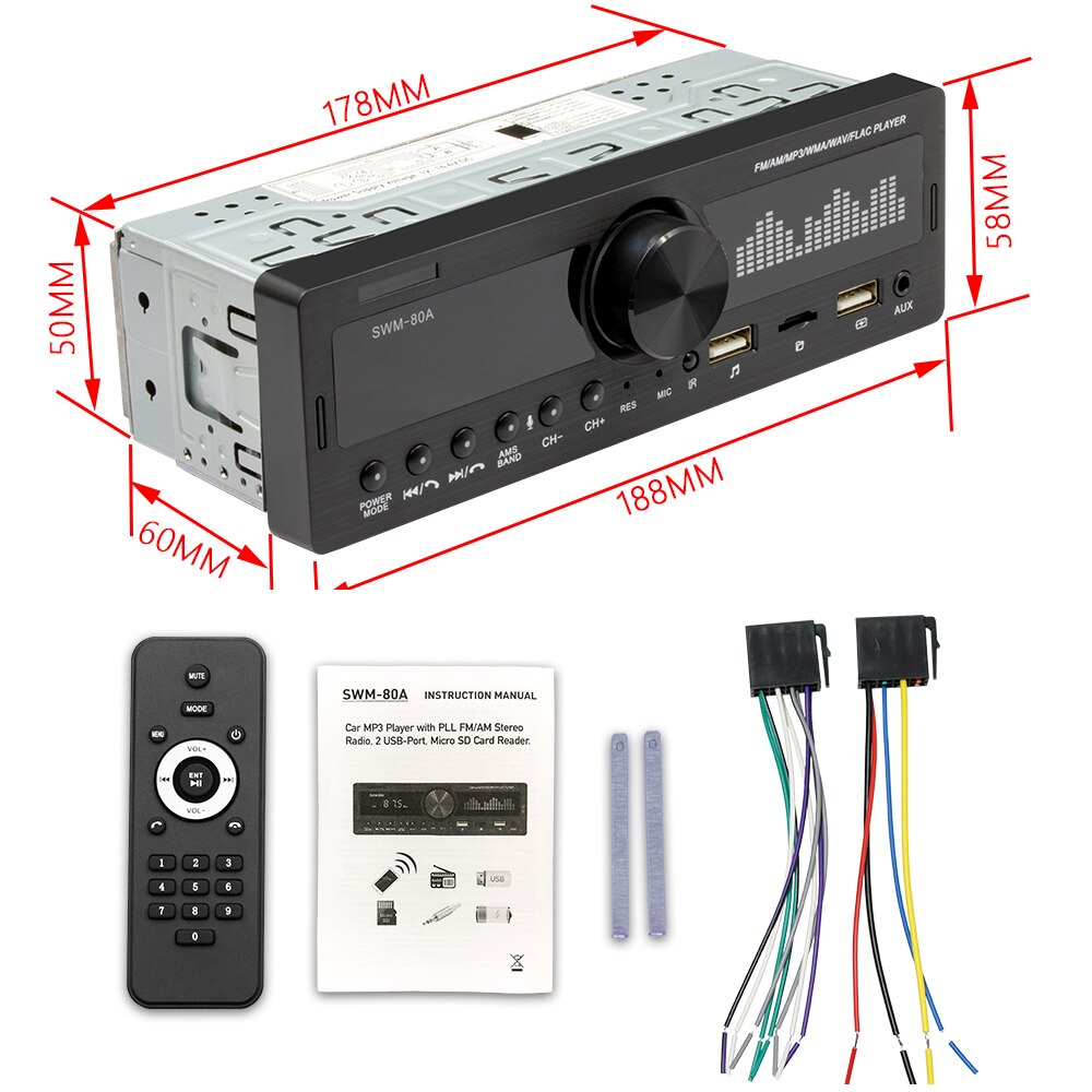 Kebidumei Bluetooth Autoradio Autoradio Radio Fm Aux Ingang Ontvanger Sd Usb SWM-80A 12V In-Dash 1 Din auto MP3 Multimedia Speler