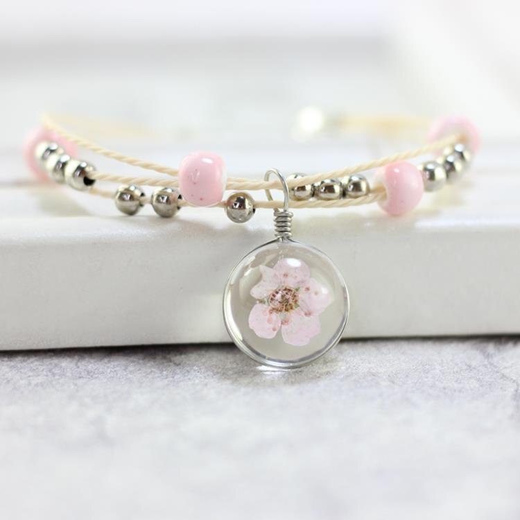 Lidavi di Vetro Del Braccialetto Del Tessuto Fortunato Bracciali di Fiori Fatti A Mano del Dente di Leone Tessuto Fiori Secchi Perle di Vetro Braccialetto Dei Monili Delle Donne Nuovo: Pink peach