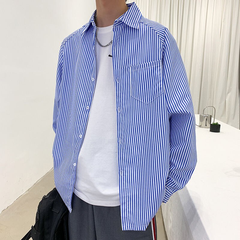 Men Shirts Striped Vintage All-match Korean Harajku Mens Simple Oversize Streetwear Leisure Male Outwear Ulzzang Loose BF: blue / XXL