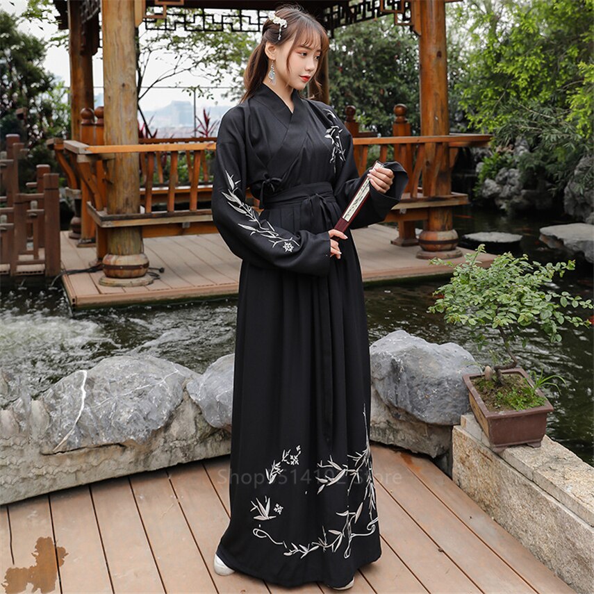 Hanfu-ropa tradicional china antigua para hombres y mujeres, traje bordado de bambú negro, conjunto de ropa de calle para parejas, trajes para adultos