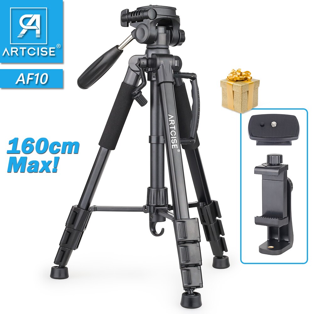 Camera Tripod Lightweight Travel AF10 Photographic Aluminum Higher Tripod 160cm Max with Phone Holder Mount Stand