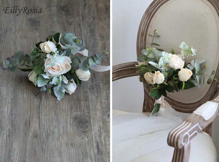 Ramos de novia Kleine Size Bruidsboeket voor Bruidsmeisje Bloem Meisjes Handgemaakte Rozen Eucalyptus Kunstmatige Bruiloft Bloemen