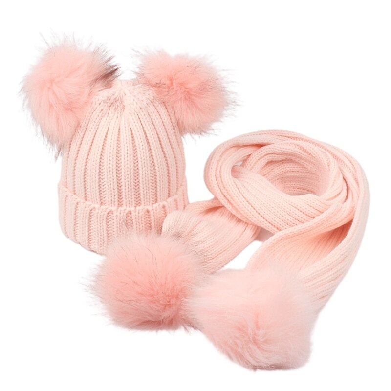 Småbarn barn vinter varm ribbad stickad mössa med lång halsduk set enfärgad söt dubbel pom pom öron manschett skalle mössa: Rosa