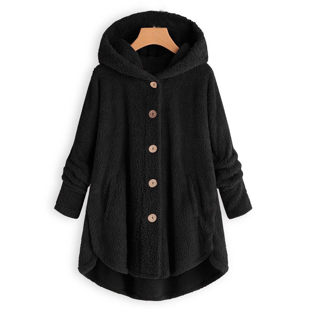 Manteau en laine pour femmes, grande taille, bouton, capuche, ample, Cardigan, veste d'hiver garde au: BK / L5