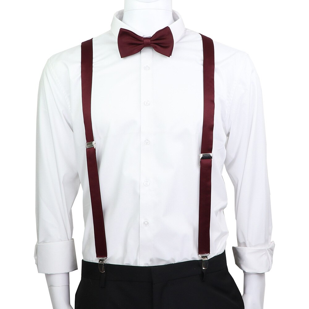 Suspensórios de couro elástico, cor sólida, conjunto de gravata borboletas ajustáveis para homens e mulheres, tiras para festa de casamento, acessórios de gravata, presente: set 24